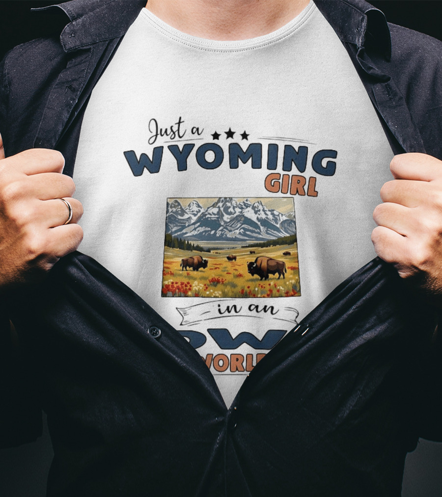 Wyoming Girl In Iowa World Mountains And Bison T-Shirt