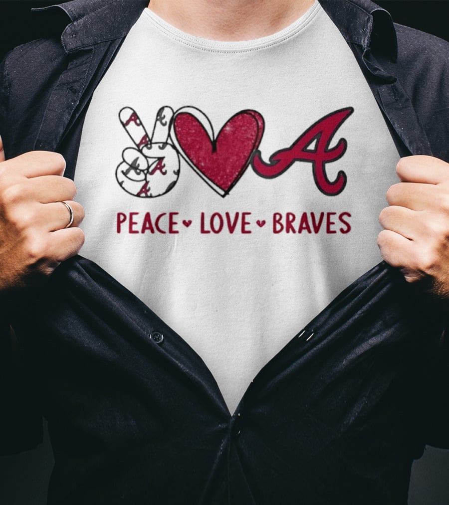 Atlanta Braves Peace Love Hand Sign Heart Shape T-Shirt