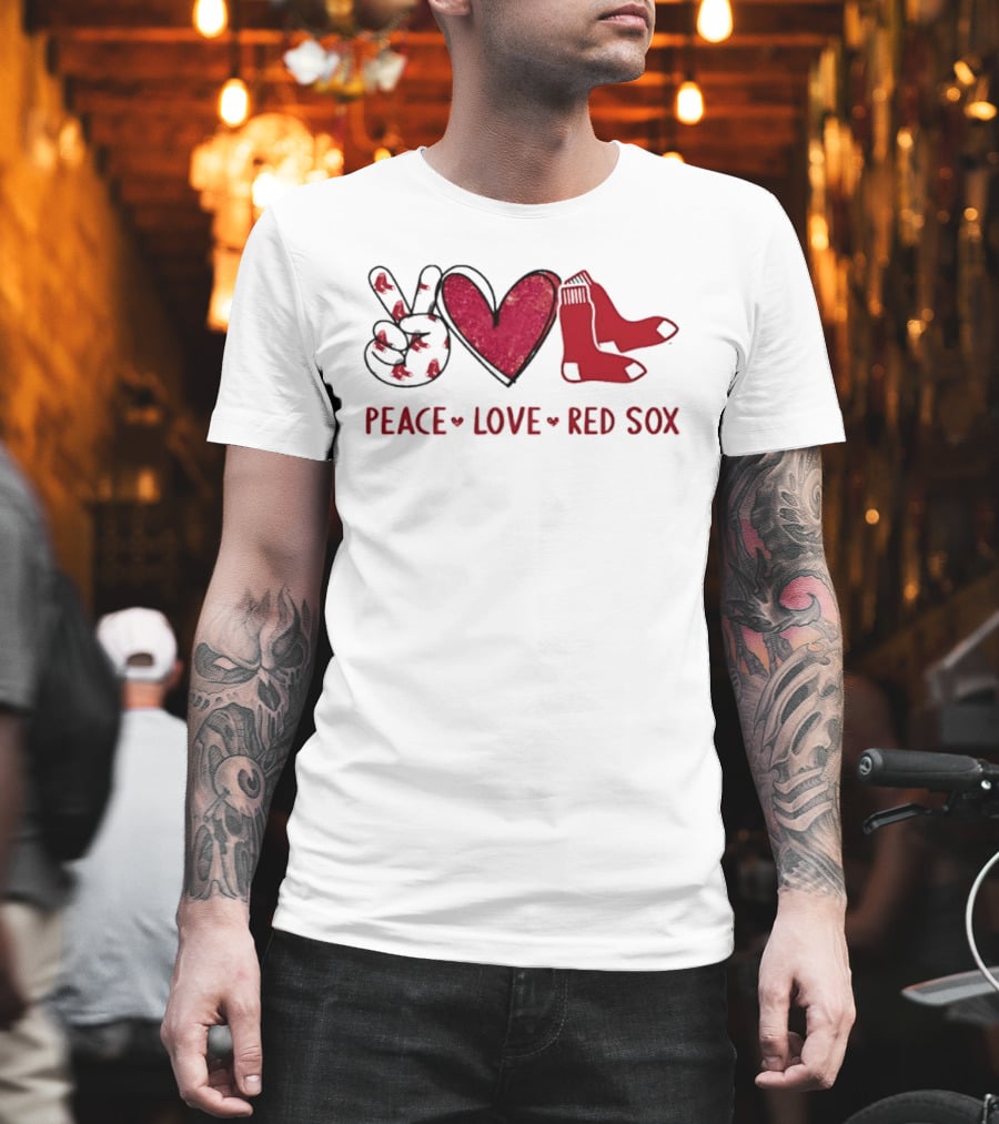 Peace Love Red Sox Hand Sign Heart Shape Socks T-Shirt