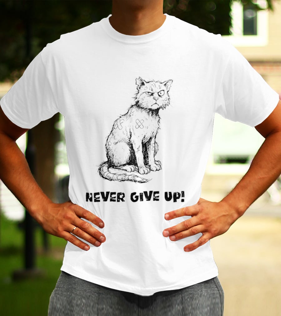 Cat Never Give Up Resilient Sketch Cat T-Shirt
