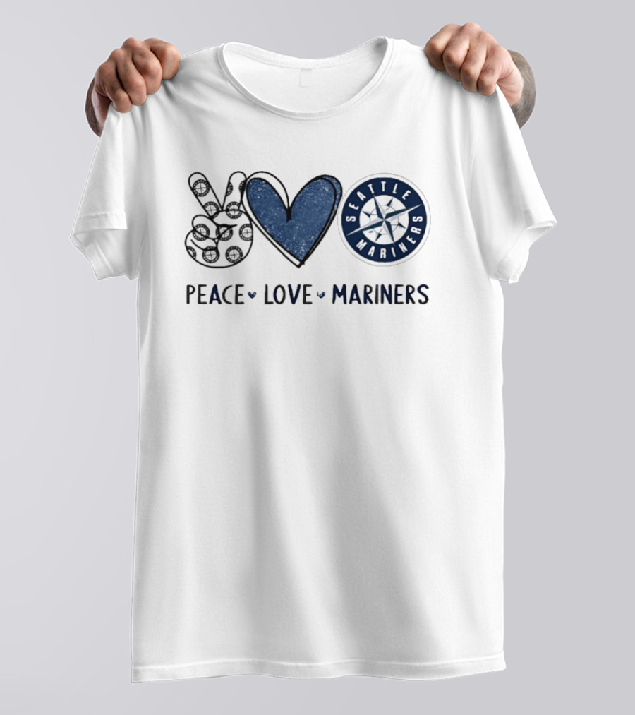 Peace Love Seattle Mariners Hand Sign Heart Shape T-Shirt