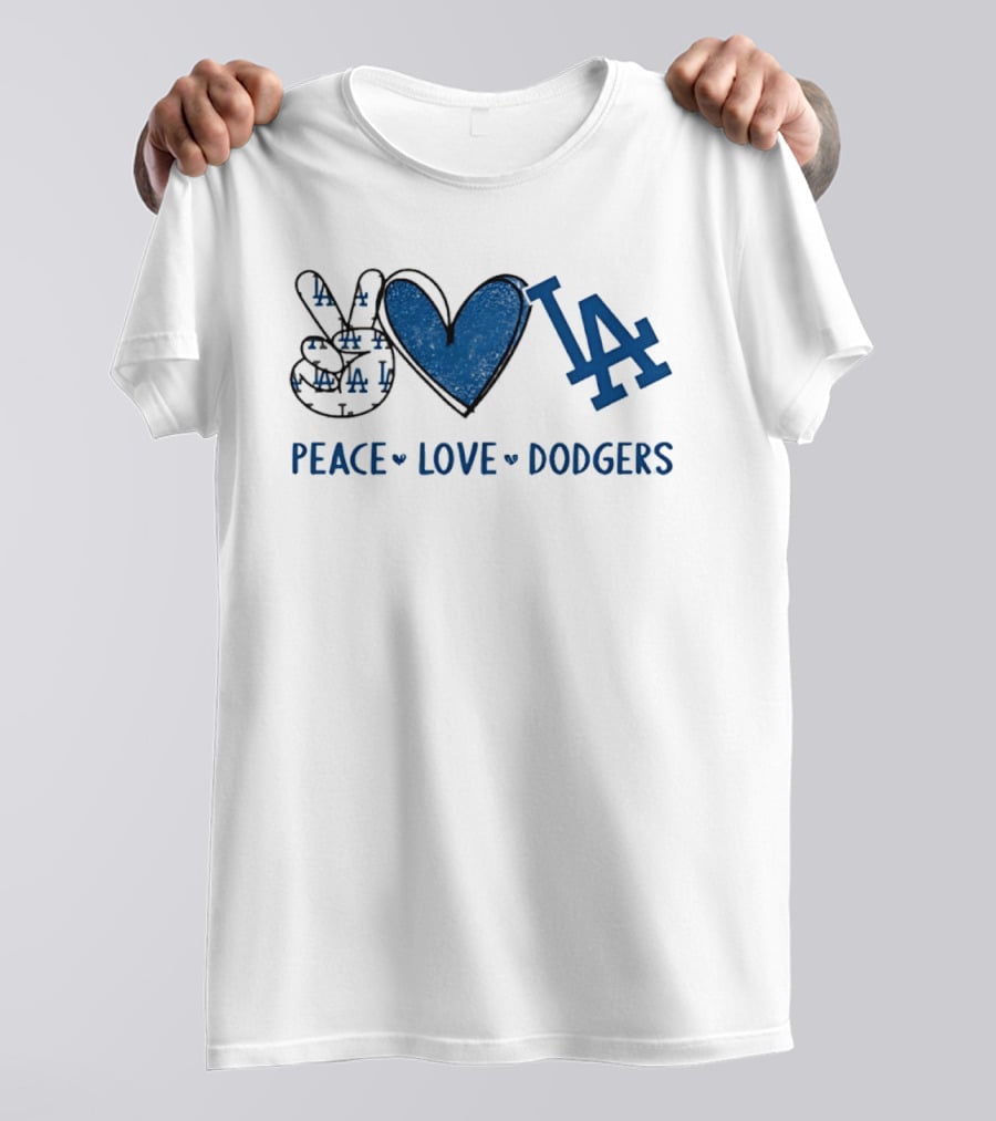 Peace Love LA Dodgers Hand Sign Heart Shape T-Shirt