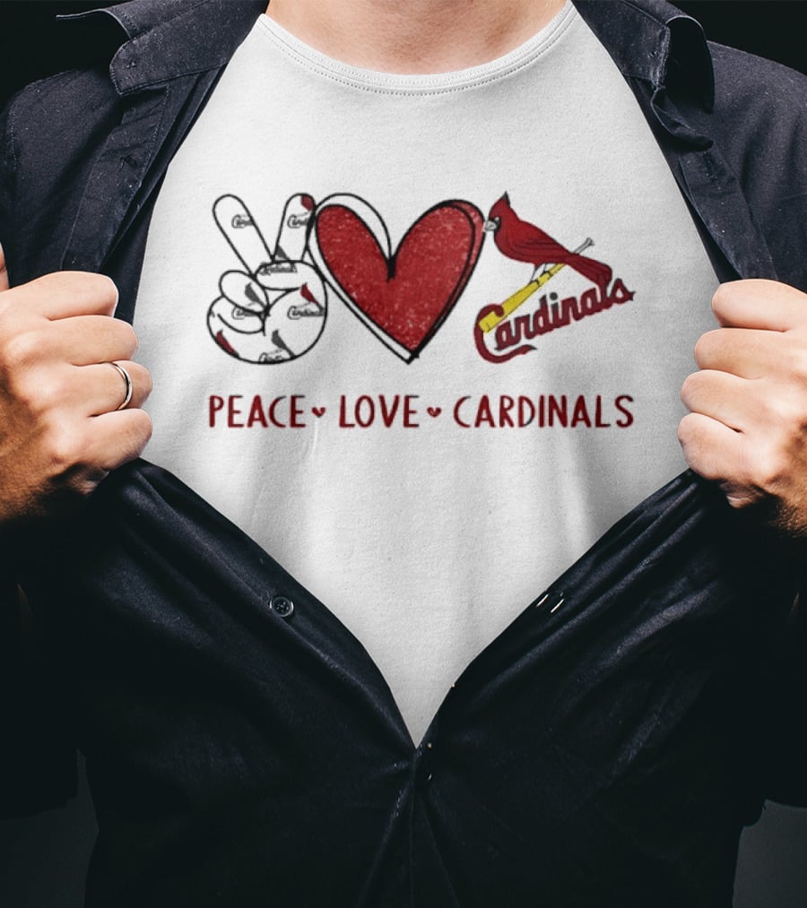 Peace Love Cardinals Hand Sign Heart Shape St Louis Cardinals T-Shirt
