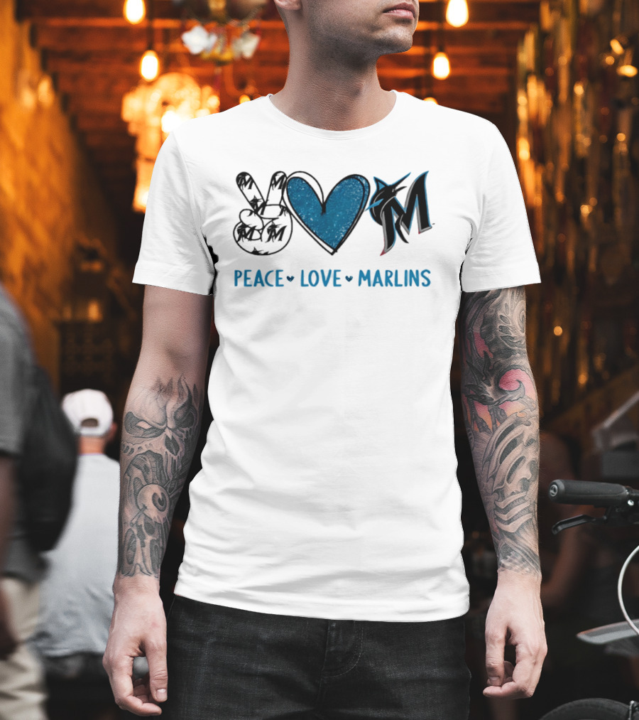 Peace Love Miami Marlins Hand Sign Heart Shape T-Shirt