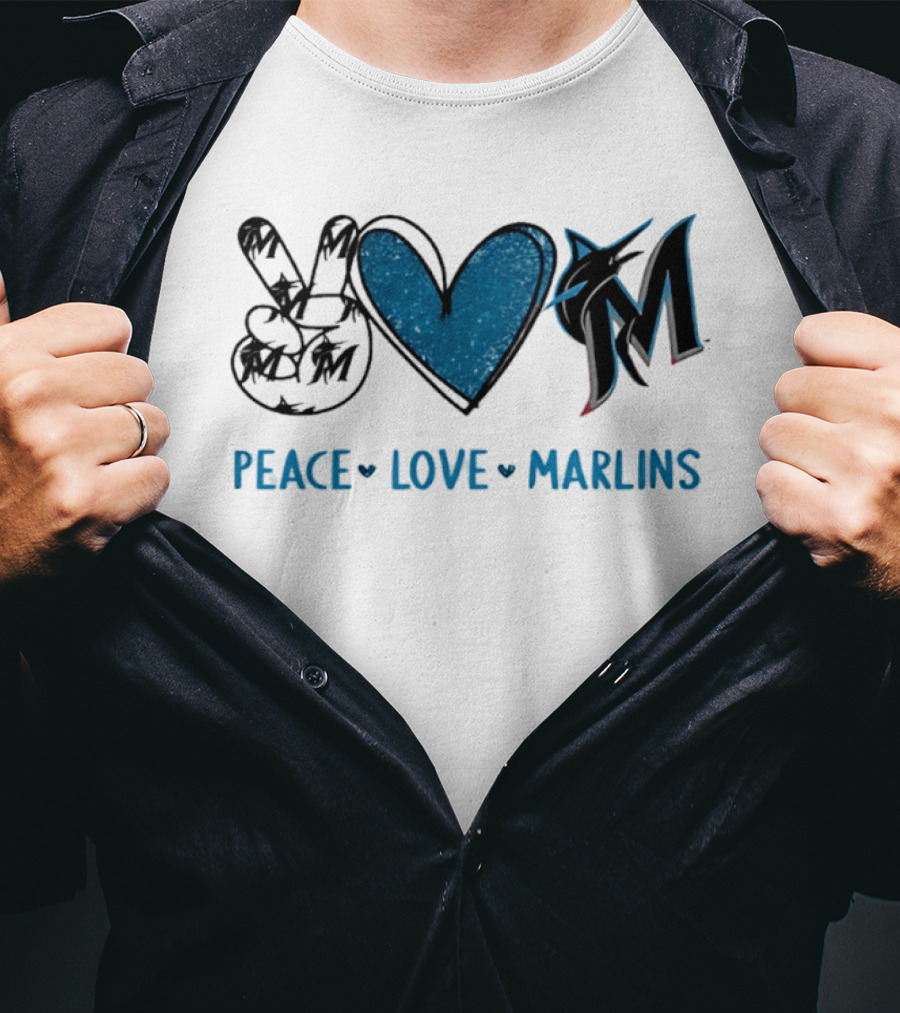 Peace Love Miami Marlins Hand Sign Heart Shape T-Shirt