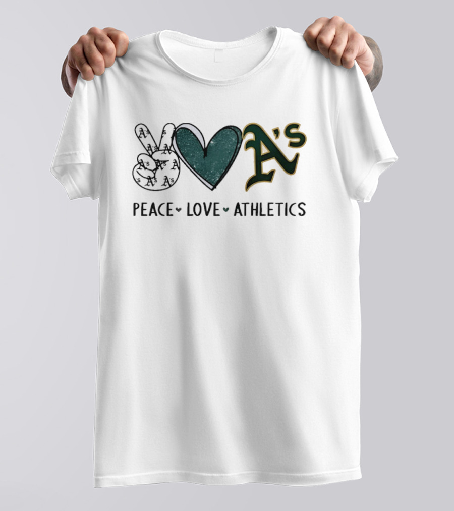 Peace Love Oakland Athletics Hand Sign Heart Shape A's T-Shirt