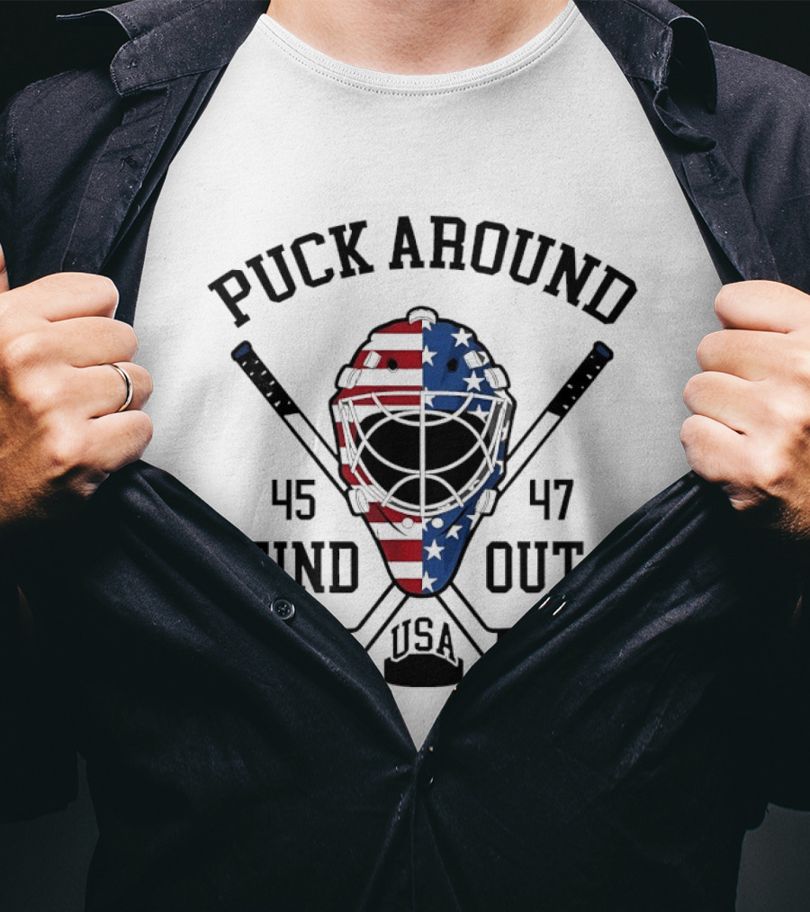 Puck Around Find Out USA Stars Stripes Helmet 45 47 Hockey T-Shirt