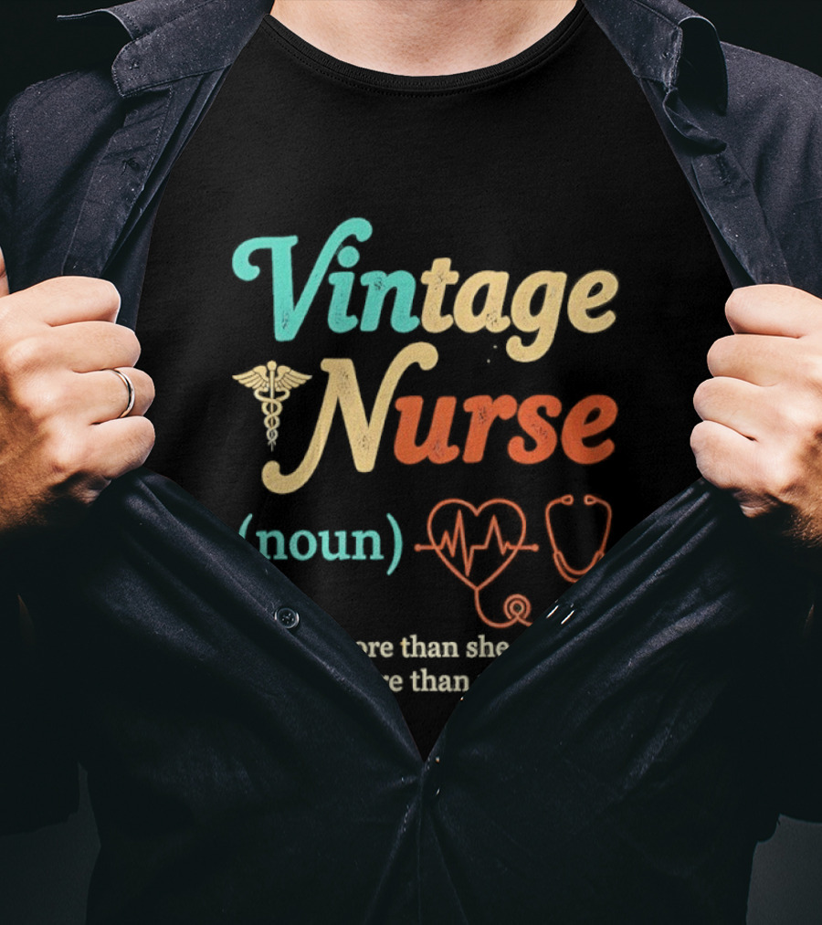 Vintage Nurse Noun Knows More Than She Says And Notices More Than You Realize Caduceus Heartbeat Stethoscope T-Shirt