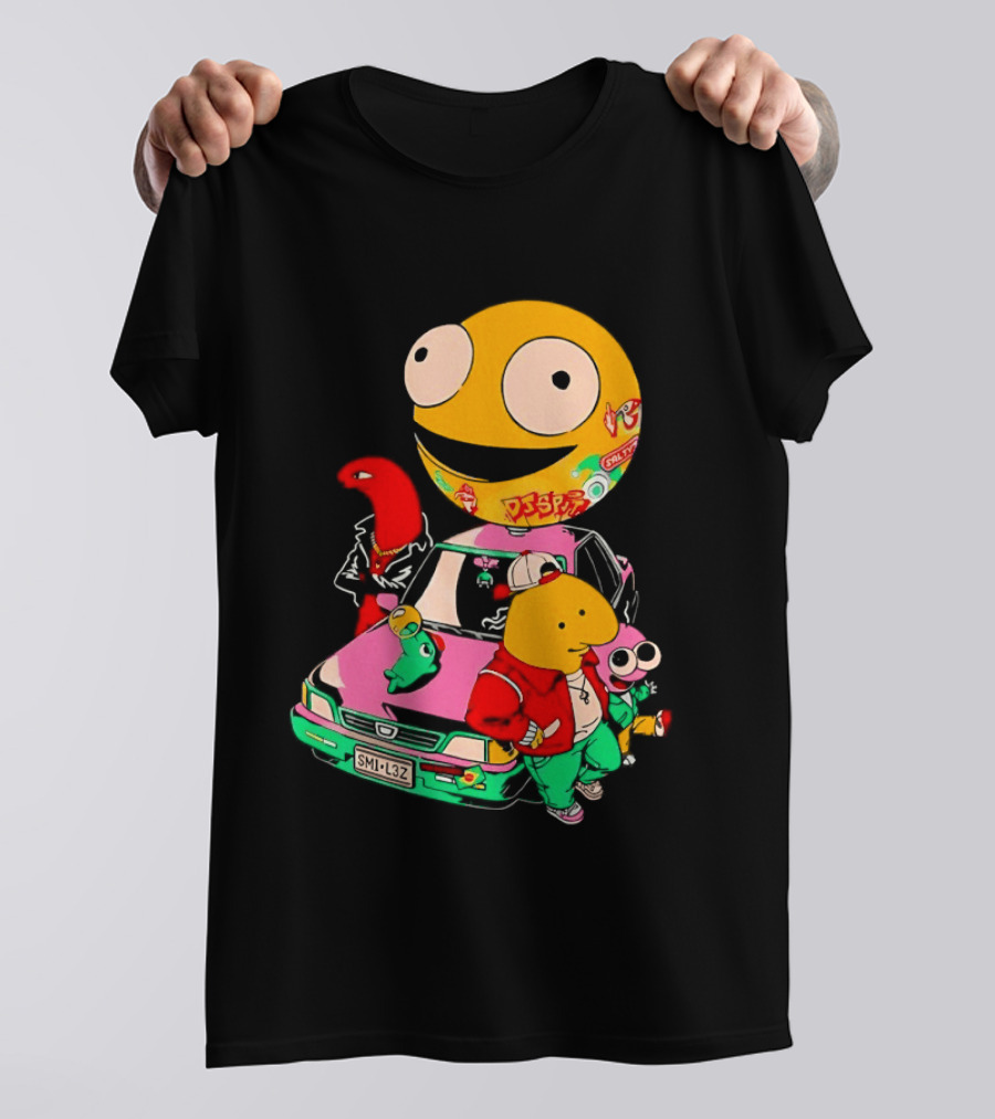 Pac Man Inspired Japanese Characters And Vintage Car Adventure T-Shirt