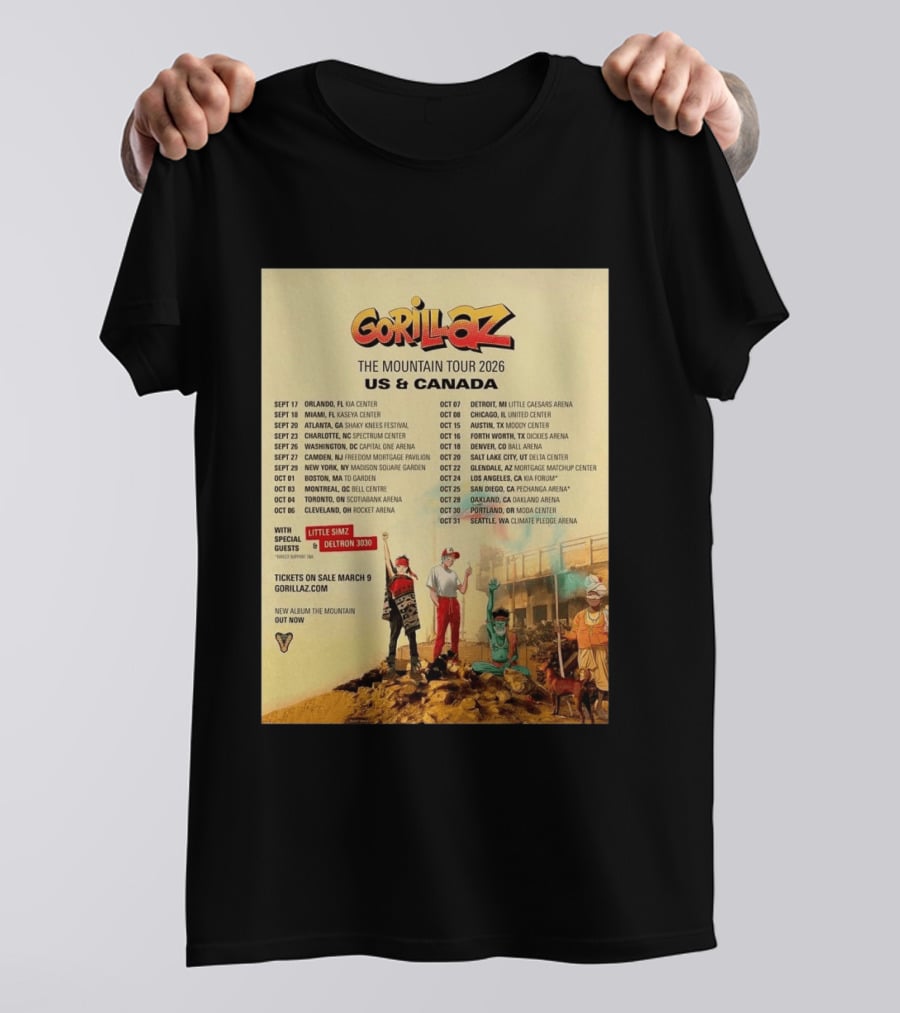 Gorillaz The Mountain Tour 2026 US Canada Dates Little Simz Deltron 3030 T-Shirt
