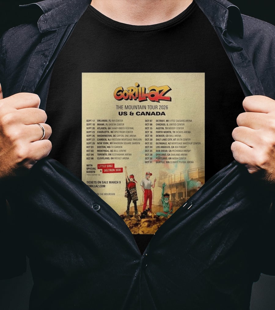 Gorillaz The Mountain Tour 2026 US Canada Dates Little Simz Deltron 3030 T-Shirt
