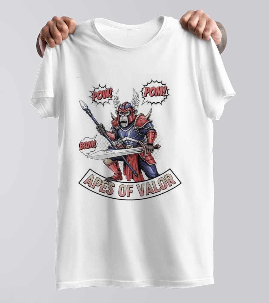Apes Of Valor Pow Pom Bam Warrior Armor Battle Scene T-Shirt