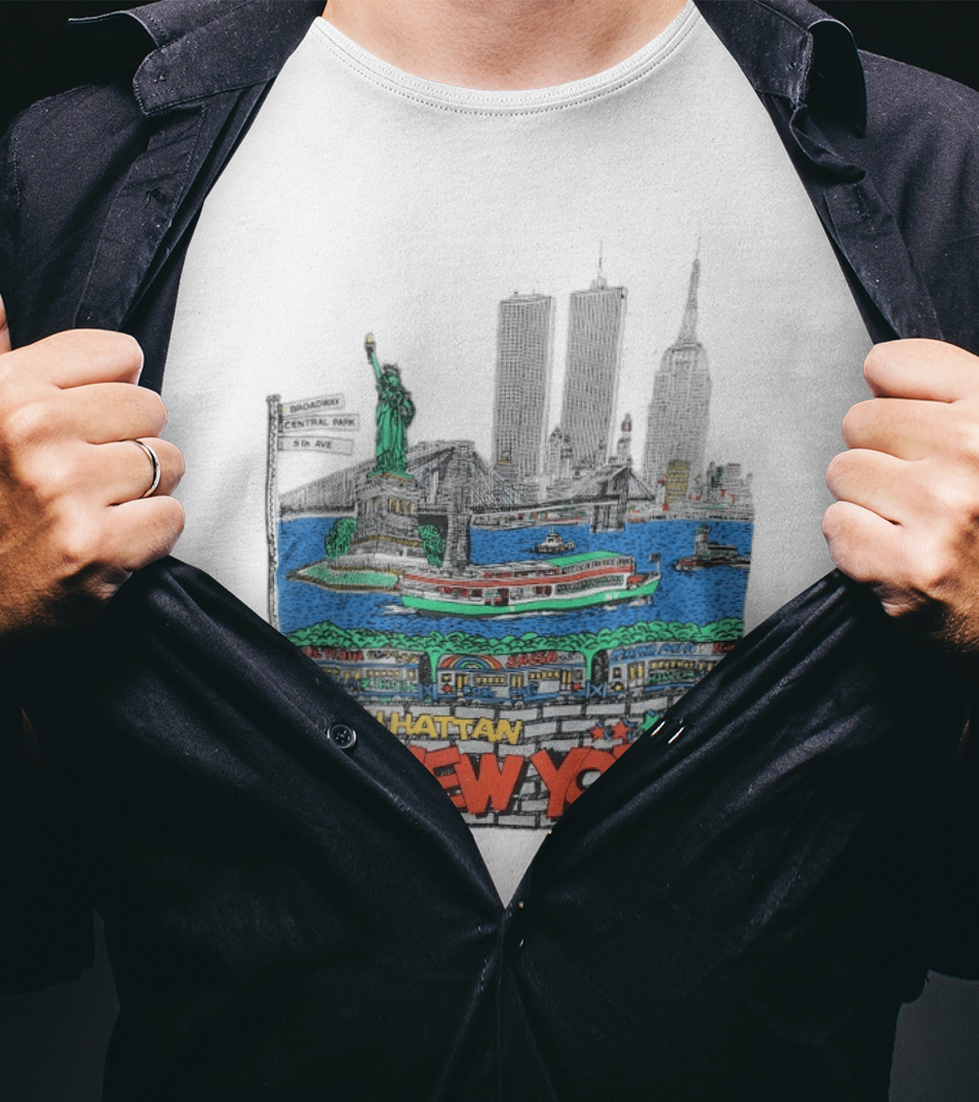 Statue Of Liberty Brooklyn Bridge Broadway Central Park 5th Ave Manhattan New York Skyline T-Shirt