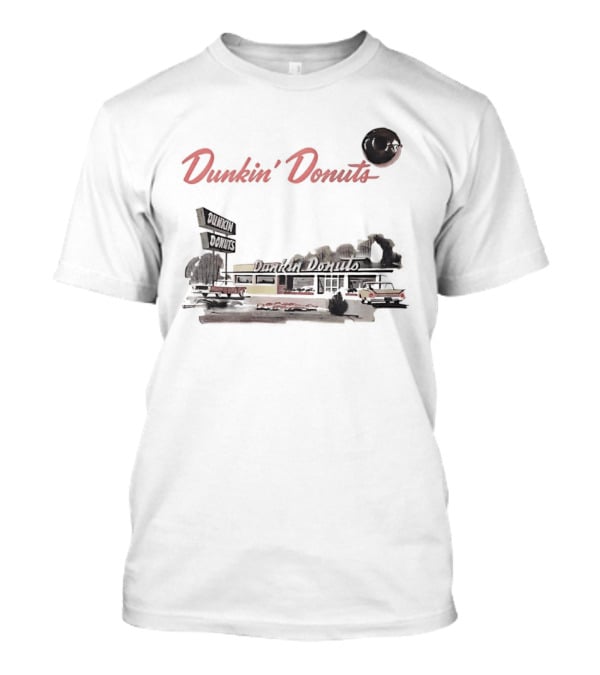 Dunkin Donuts Retro Vintage Coffee Shop Neon Sign And Classic Car Scene T-Shirt