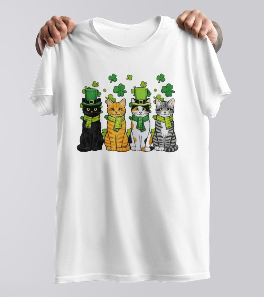 St Catrick's Day Black Cat Orange Tabby Cat Calico Cat And Gray Tabby Cat With Shamrocks And Green St Patrick's Hats T-Shirt