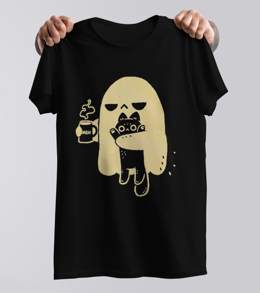 Ghost With Cat And Coffee Cup T-Shirt