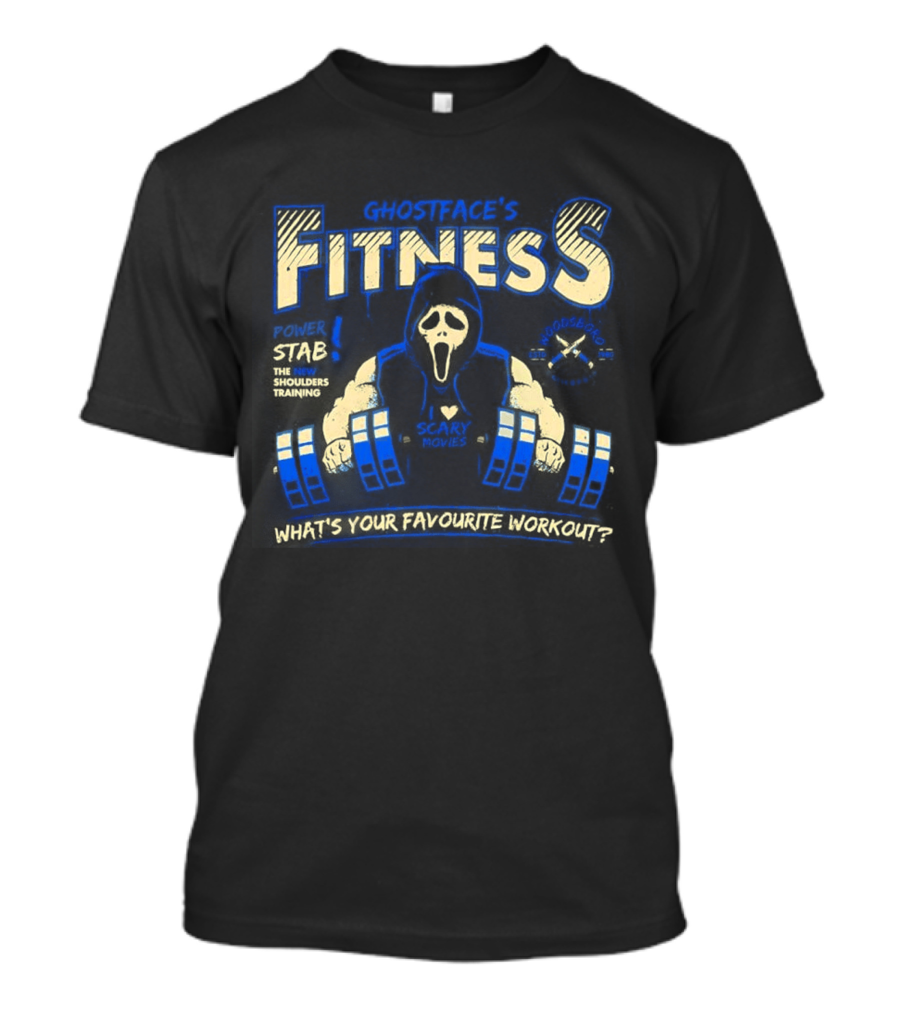 Ghostface Fitness What's Your Favorite Workout Power Stab Shoulder Training T-Shirt