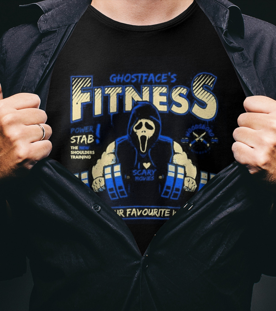 Ghostface Fitness What's Your Favorite Workout Power Stab Shoulder Training T-Shirt
