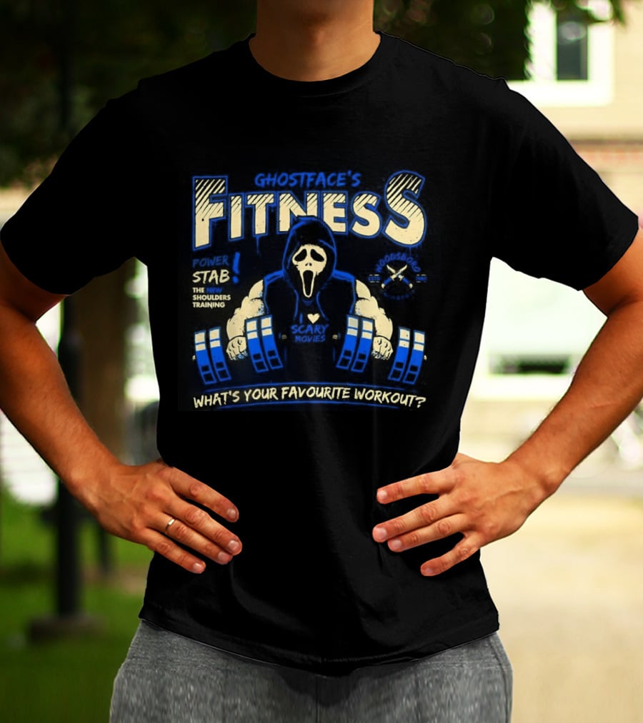 Ghostface Fitness What's Your Favorite Workout Power Stab Shoulder Training T-Shirt