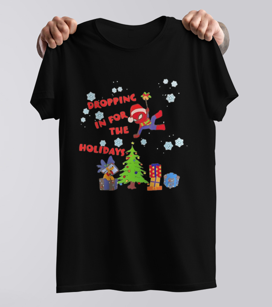 Spider Man Dropping In For The Holidays Christmas Tree Presents Snowflakes T-Shirt