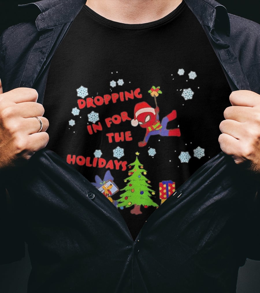 Spider Man Dropping In For The Holidays Christmas Tree Presents Snowflakes T-Shirt