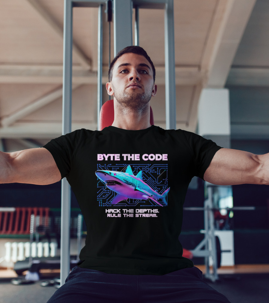Byte The Code Hack The Depths Rule The Stream Cyberpunk Shark T-Shirt