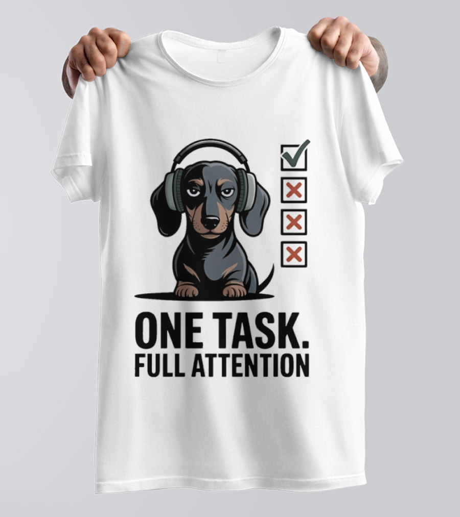 Dachshund Dog Headphones One Task Full Attention Checklist T-Shirt