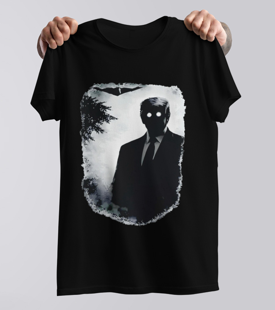 Dark Shadow Figure Mysterious Silhouette Trump Eerie Woods Cloaked Eyes T-Shirt