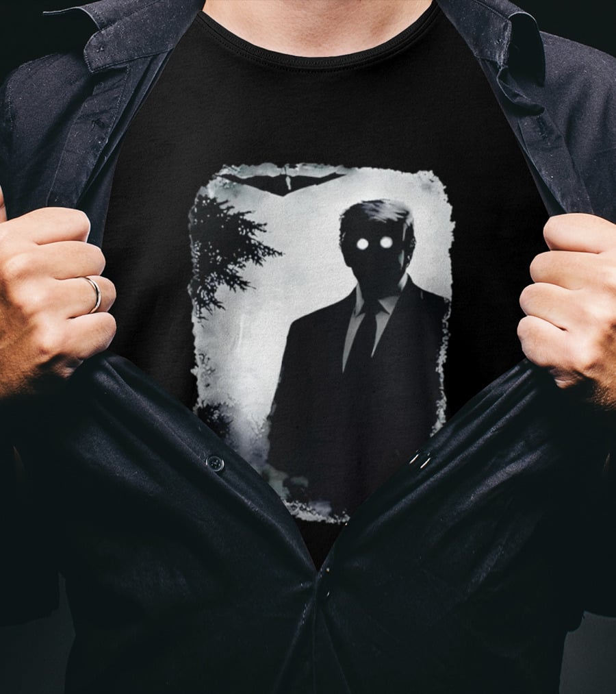 Dark Shadow Figure Mysterious Silhouette Trump Eerie Woods Cloaked Eyes T-Shirt
