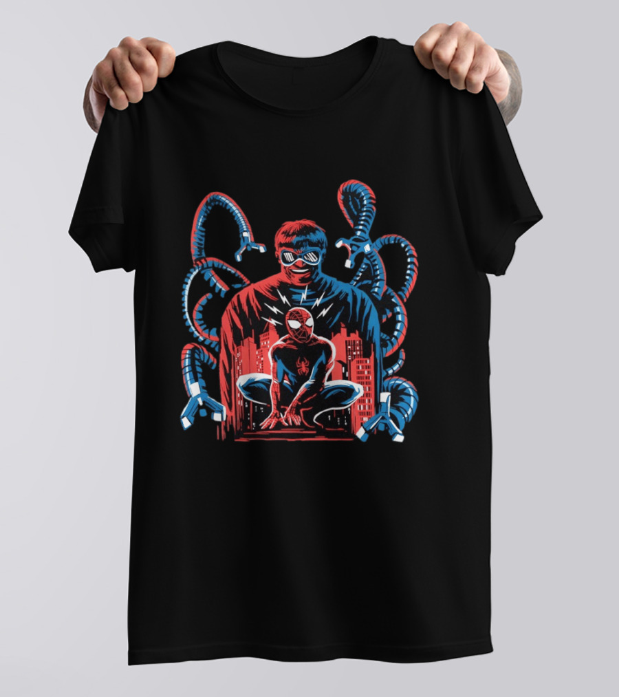 The Shadow Of The Octopus Spider Man And Doctor Octopus Cityscape Showdown T-Shirt