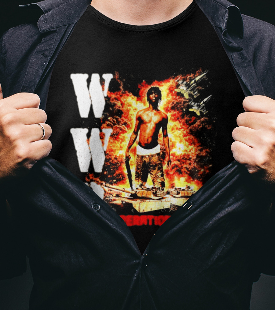 WW3 Operation Sosa Explosive Art With Iconic Figure And Fiery T-Shirt