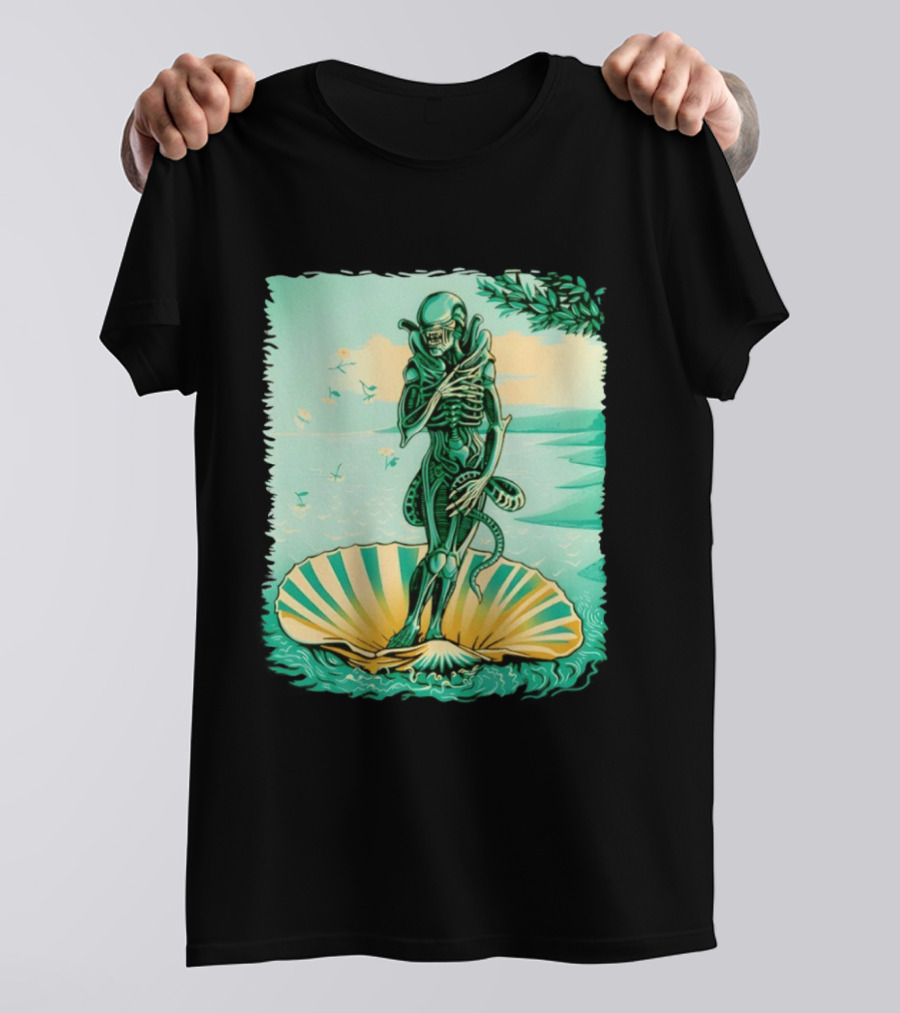 Alien Seated On Seashell The Birth Of Alienus Fusion Renaissance T-Shirt
