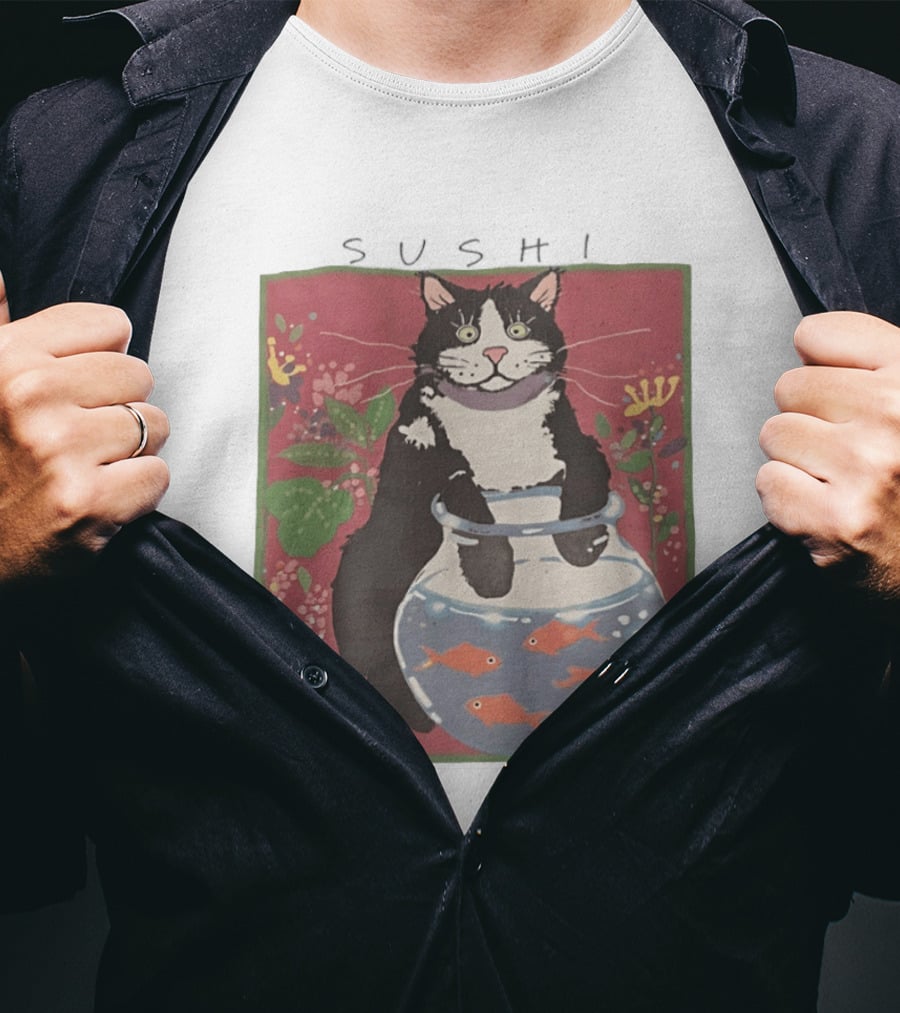 Sushi Cat Holding Fishbowl With Goldfish And Flowers T-Shirt