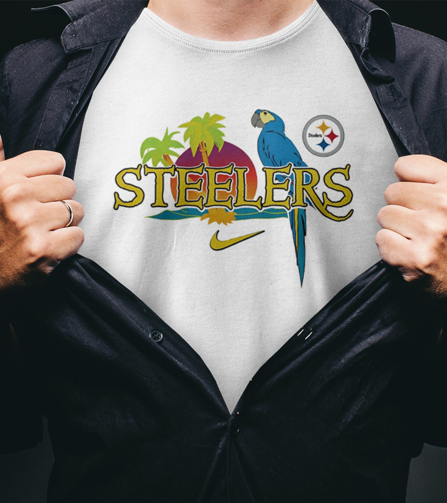 Pittsburgh Steelers Tropical Parrot Palm Trees Sunset It's 5 O' Somewhere T-Shirt