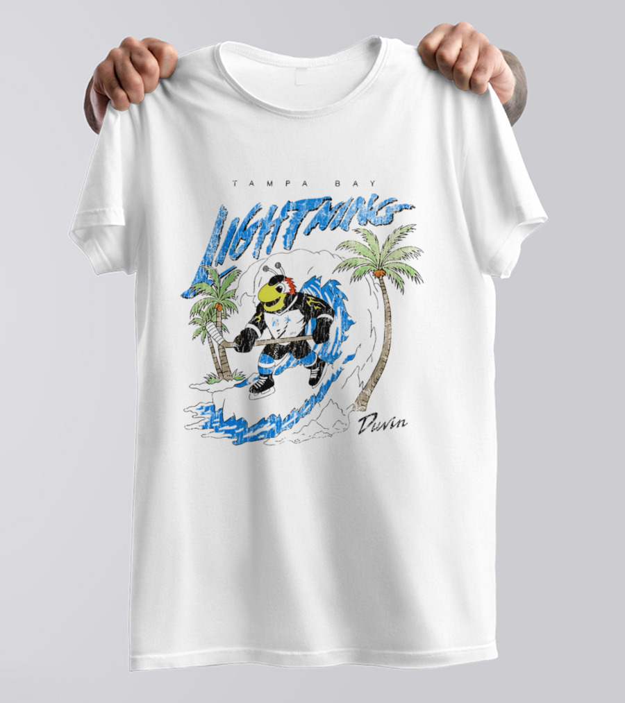 Tampa Bay Lightning Thunderbug Duvin Surfing Hockey Character With Palm Trees T-Shirt