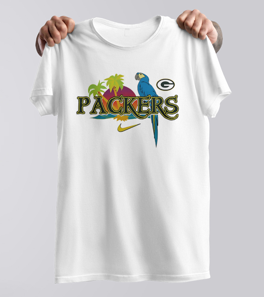 Packers Tropical Parrot Palm Trees G Logo Nike Fan Wear T-Shirt
