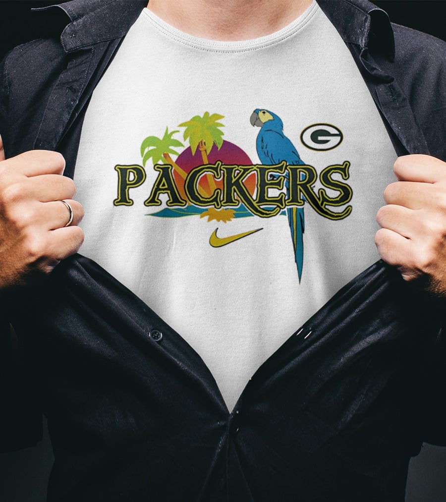 Packers Tropical Parrot Palm Trees G Logo Nike Fan Wear T-Shirt