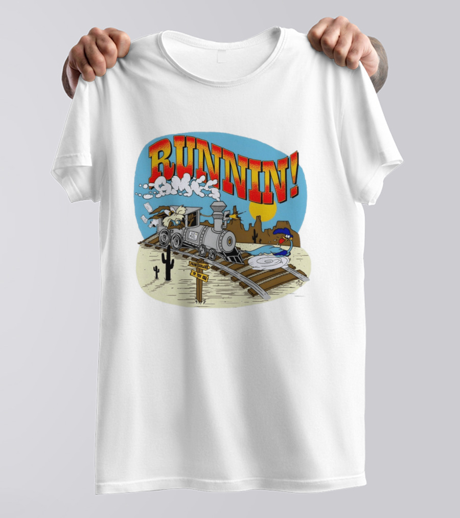 Runnin Road Runner Wile E. Coyote Train Desert Chase Adventure T-Shirt