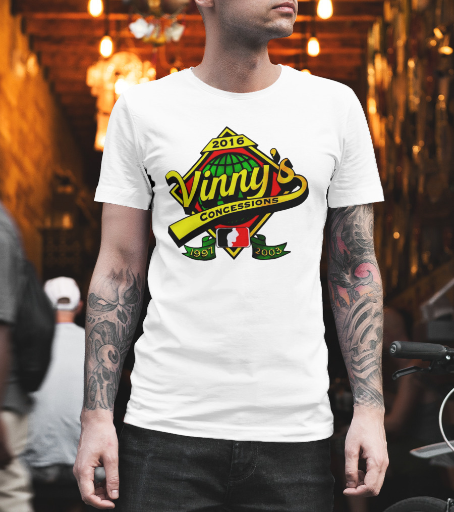 Vinny's Concessions 1997 2003 2016 Globe Ribbon T-Shirt