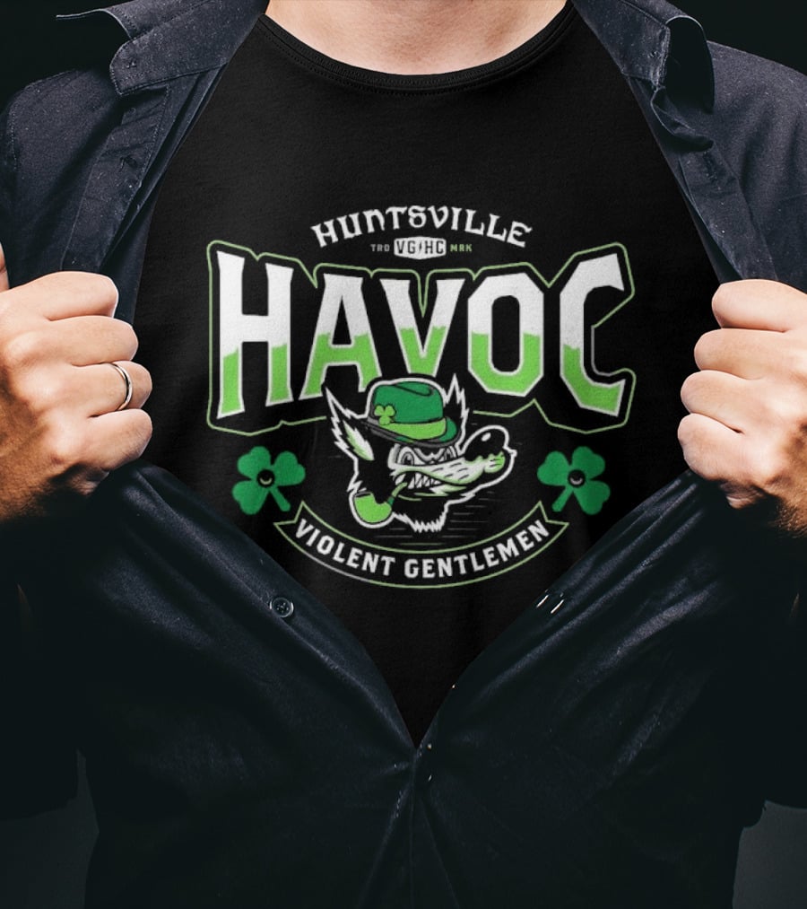 Huntsville Havoc Violent Gentlemen St. Patrick's Day Shamrock Clover Bulldog T-Shirt