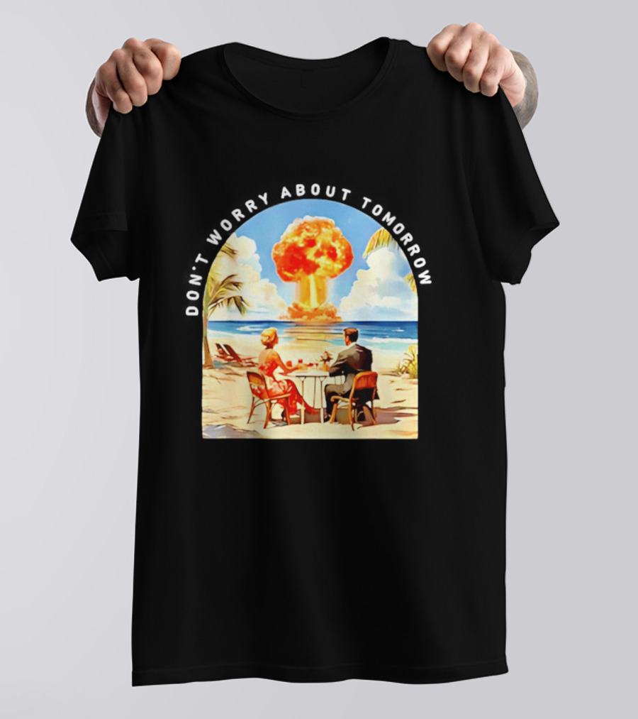 Don't Worry About Tomorrow Matthew 6 34 Atomic Age Retro Beach Explosion T-Shirt