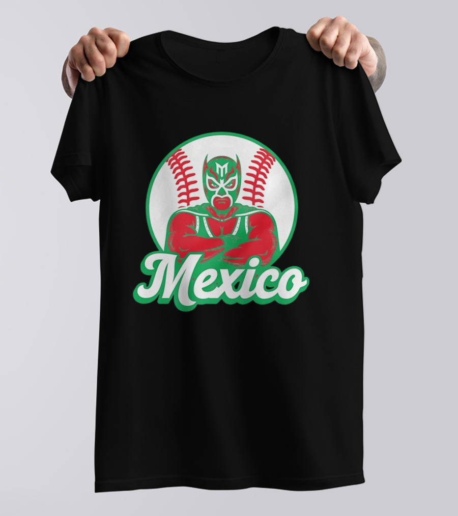 Mexico Luchador Baseball Mask Icon With Arms Crossed In Front Of Baseball Stitch T-Shirt