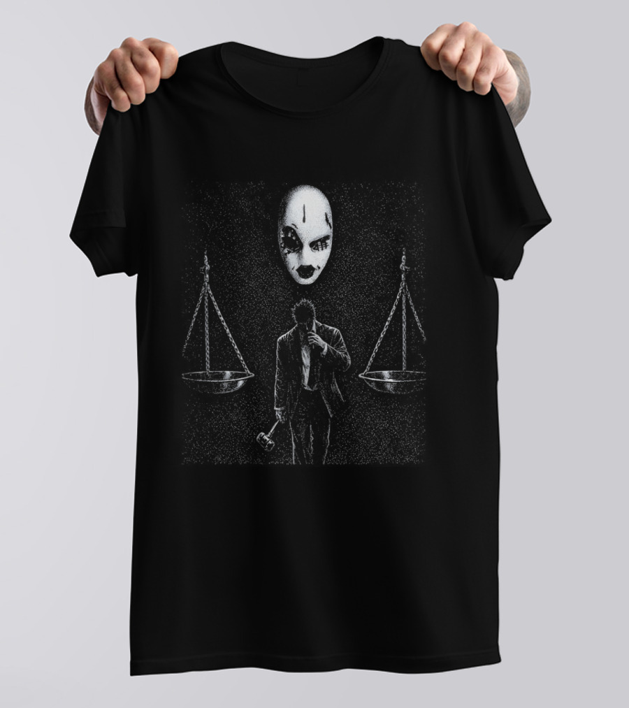 Gothic Justice Mask With Scales Of Balance And Swords T-Shirt