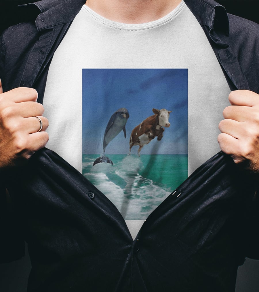 Cow And Dolphin Jumping Out Of Water Ocean Adventure T-Shirt