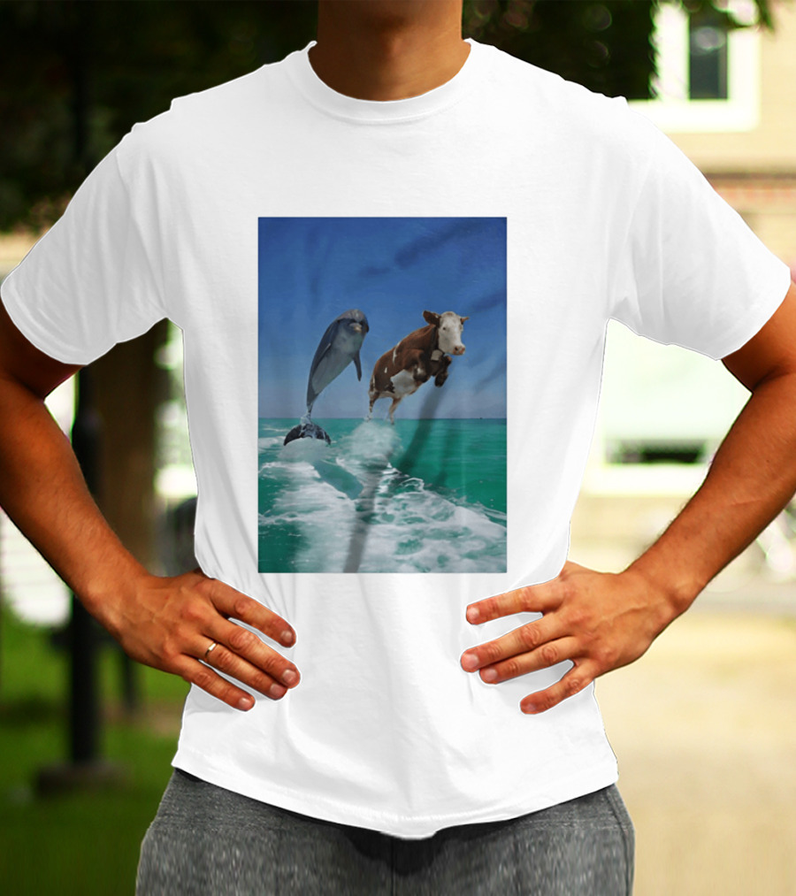 Cow And Dolphin Jumping Out Of Water Ocean Adventure T-Shirt