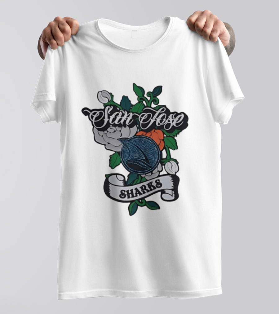 San Jose Sharks Floral Tattoo Style Team T-Shirt