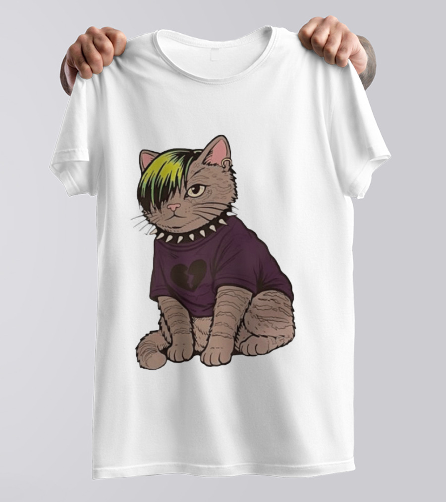 Emo Scene Cat With Heart Break Symbol And Spiked Collar T-Shirt