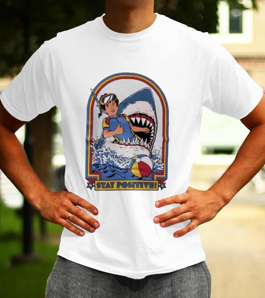 Stay Positive Scuba Boy In Great White Shark Mouth With Beach Ball T-Shirt