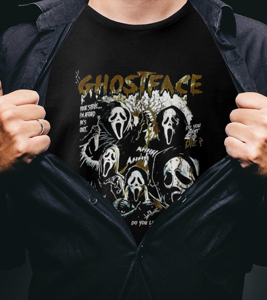 Ghostface Scream Splatter Poor Steve I'm Afraid He's Out T-Shirt