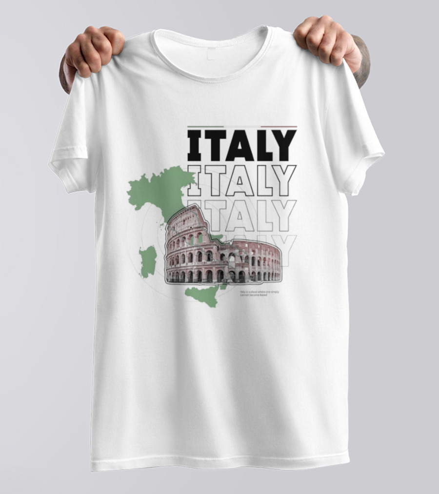 Italy Map And Colosseum Iconic Landmarks Text Heavy Exploration T-Shirt
